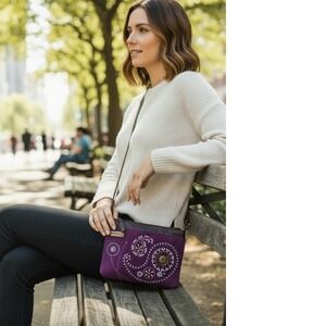 Chala Purple Paisley Embroidered Faux Suede Crossbody Messenger Bag Purse
